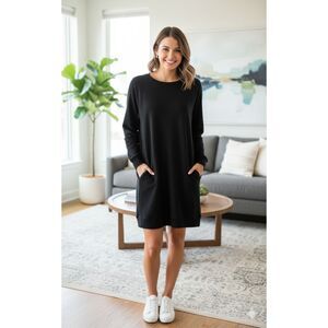 FP Beach Free People Black Tunic Sweatshirt Dress Side Pockets Over Sized Sz SP